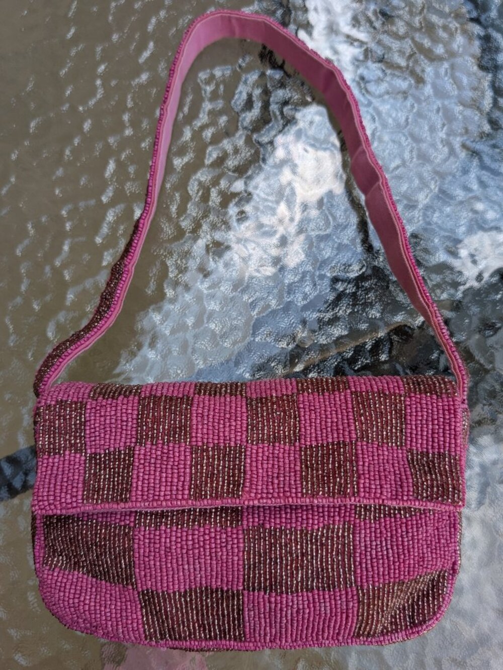 ANTHROPOLOGIE Pink Checkered Viral Beaded Bag - Picture 2 of 6